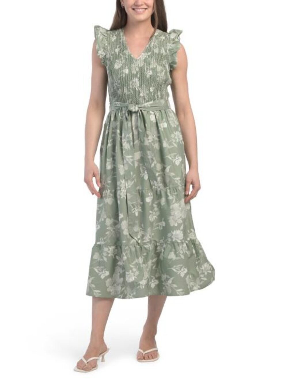 RUBY & REMI Ruffle Sleeve V-neck Triple Tier Midi Dress